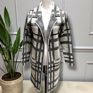Monteau Los Angeles Womens Small Plaid Knit Cardigan Coat Longline Sweater Cream